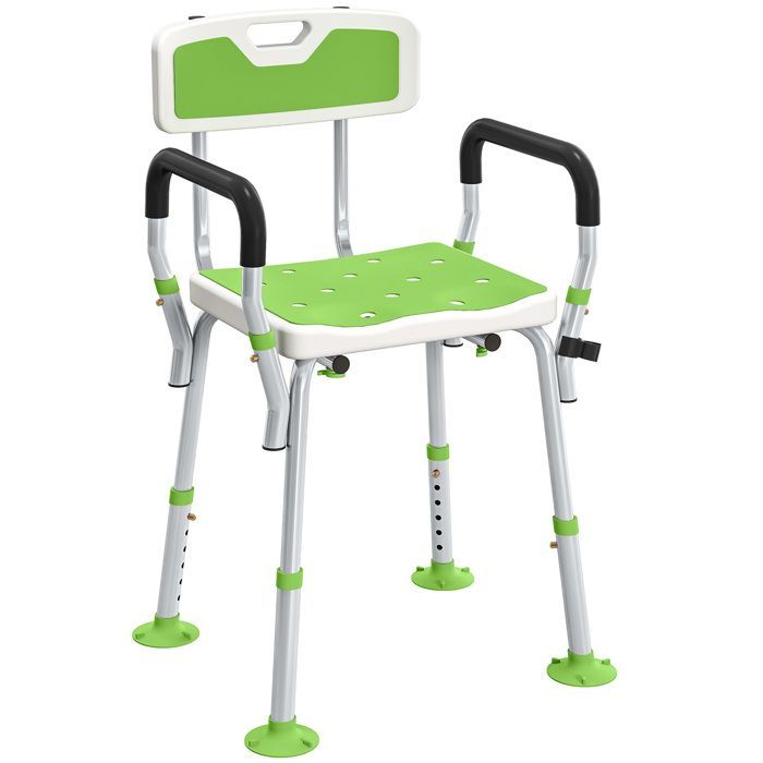Taburete de ducha - HOMCOM - ergonómico - altura regulable - patas antideslizantes - carga máxima 136 kg - HDPE aluminio - blanco y verde