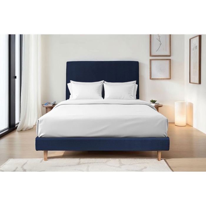 Base de cama estofada em veludo azul 140x200 A29cm Lead Sleep - Base de cama em madeira maciça com pés cônicos de madeira de 15cm