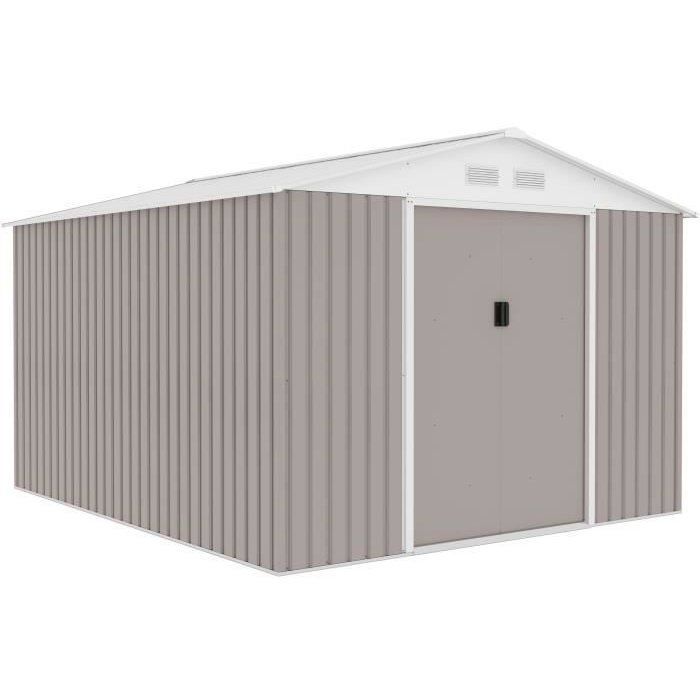 Abri de jardin en métal 8,84 m² - 277 x 319 x 202 cm - URANUS - Kit d'ancrage inclus, 2 portes coulissantes - Taupe