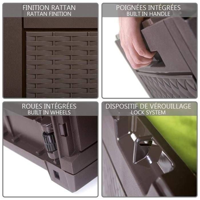 VOUNOT® Baule da giardino con maniglie e ruote 310L - Baule per esterni in PP - 119x48x60cm - Marrone stile polyrattan