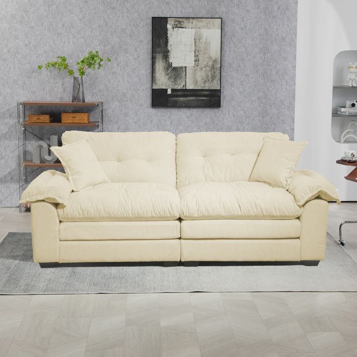MEUBLIV Double Sofa, Tufted Sofa with 2 Matching Armchair Cushions, 213.4x90.1x87.6 cm, Chenille, Beige