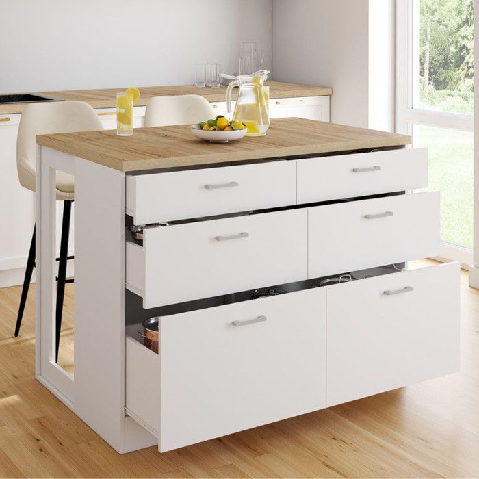 Mesa de bar central IDMARKET ORSO de 120 cm con 6 cajones, color blanco y tablero de madera.