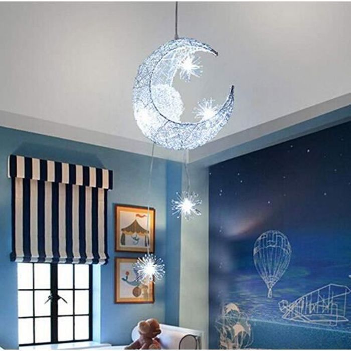 Suspension Lustres plafonnier Lune étoiles pour enfants Chambre - Blanc - 5 ampoules - Aluminium
