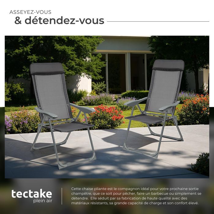 Tuinstoelen - TECTAKE - Set van 4 MAURINE opklapbare buitenstoelen van aluminium met gewatteerde hoofdsteun - Antracietgrijs