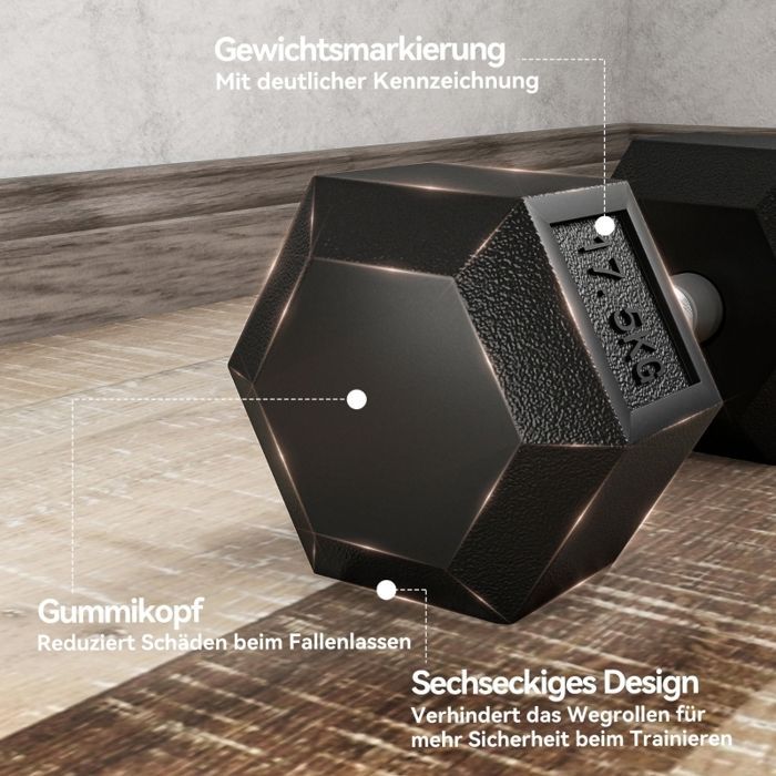 Haltère hexagonal - 35 kg - Noir - Poignée antidérapante - Hexagone Ø16,2 cm - Longueur poignée 12,8 cm