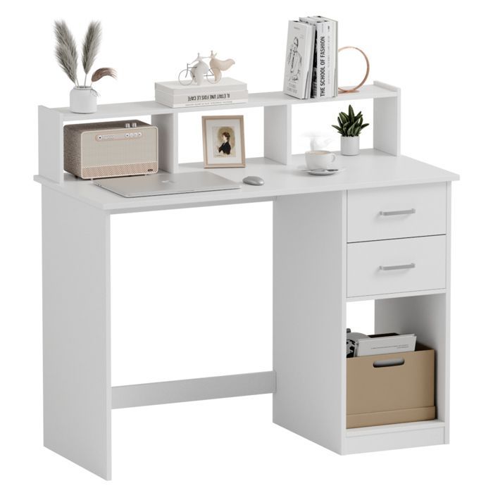 Mondeer Computertisch mit Ablagefächern und 2 Schubladen, 105 x 94 x 48 cm – Weiß