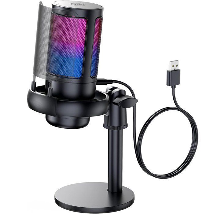 USB microphone, one-touch mute, volume control button, RGB light effect, for gaming, podcasts, and production.