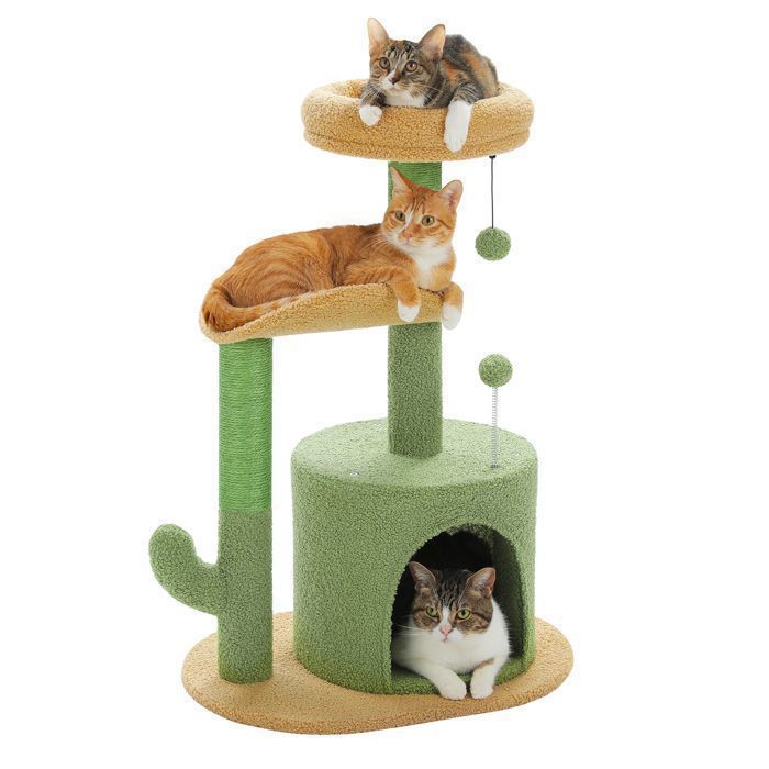 Albero per gatti PAWZ Road Cactus, con pompon in peluche, palo tiragraffi in sisal e cuscino rimovibile, 84 cm, verde.