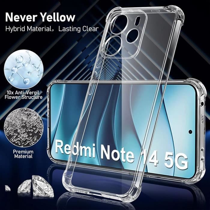 Case for Xiaomi Redmi Note 14 5G (not for 4G) Shockproof Transparent TPU + 2 Tempered Glass Screen Protectors