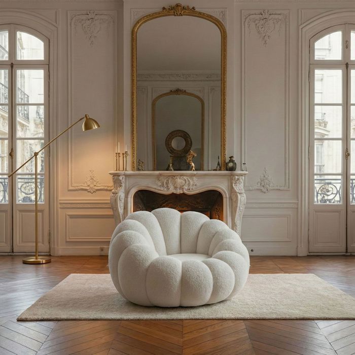MENZZO Arielina Schalen-Design-Sessel, weißer Bouclé-Stoff