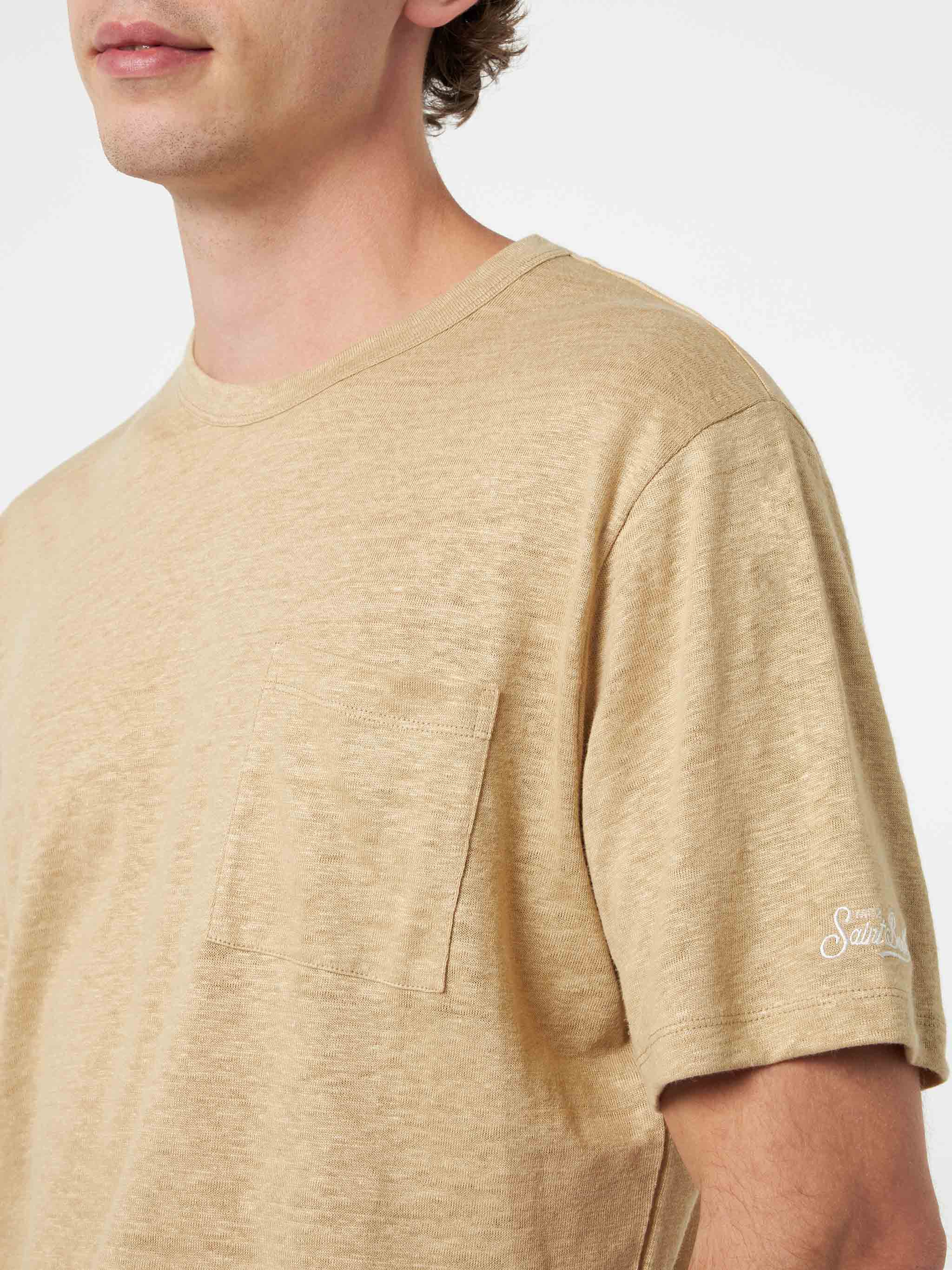 Ecstasea heren T-shirt van beige linnenjersey met zakje