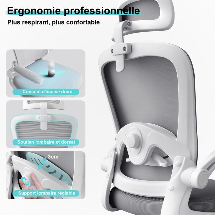 Office chair - Ergonomic comfort - Adjustable headrest - Breathable mesh backrest - Adjustable armrests