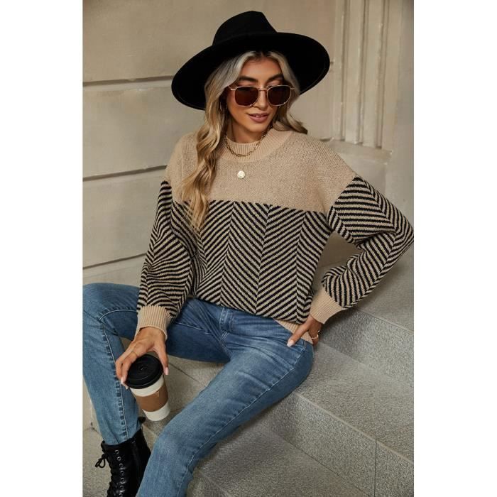 Pull Femme Rayure Automne Hiver en Tricot Manches longues Col Rond - Kaki - INSFITY - Femme - Adulte