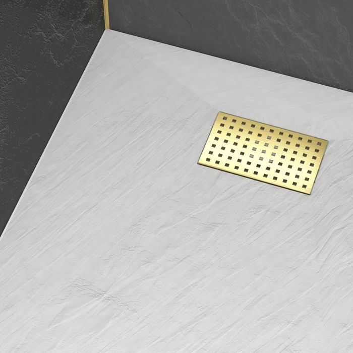 White Stone Effect Shower Tray 80x100 cm and Perforated Decorative Grid in Brushed Gold
