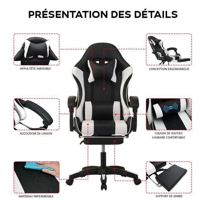 Gaming Chair - Ergonomic Gaming Chairs - Lumbar Support - Retractable Pedals - White