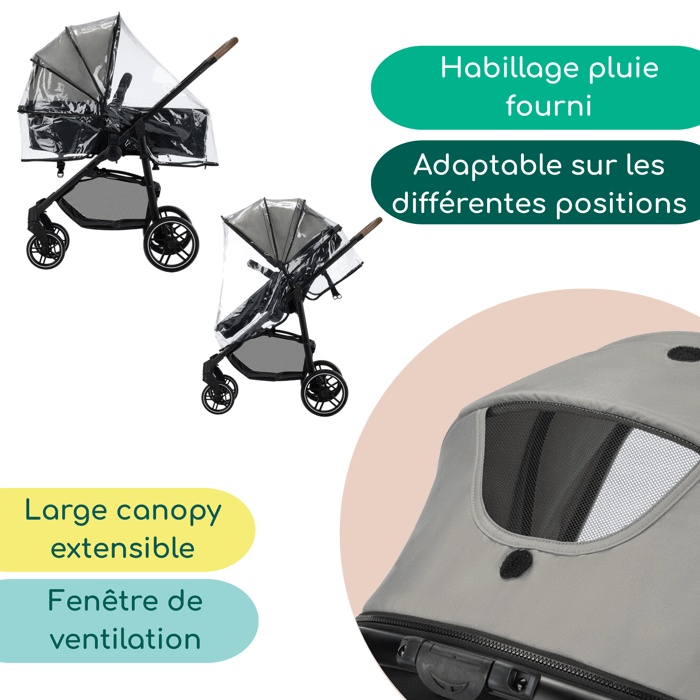 Passeggino BEBECONFORT HAZE TRIO LUX 3 in 1, con navicella + seggiolino auto i-Size + parapioggia + borsa fasciatoio, 0-22 kg, grigio fumé.