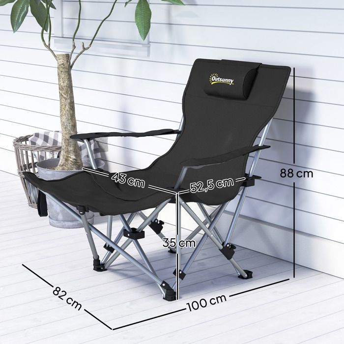Camping chair - Outsunny - folding - with removable footrest, headrest, cup holder and carry bag - black