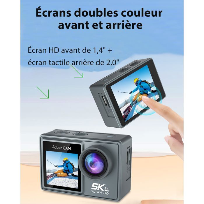Caméra Sport 5K 30FPS 64Go, étanche 40M avec WiFi,écran Double, 2 Batteries, Accessoires Inclus, pour Les Aventures en Plein air