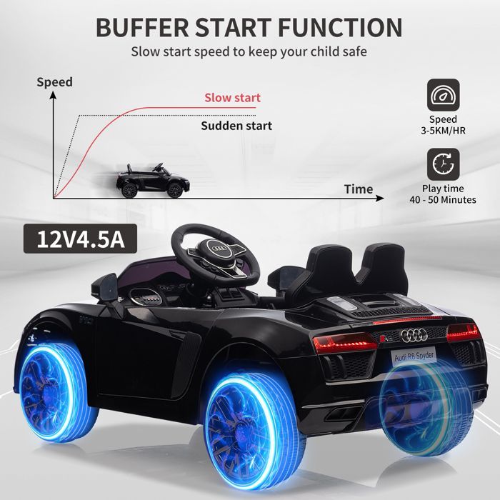 Coche eléctrico infantil Audi R8 Spyder, con licencia oficial, 12 V, suspensión, 3 velocidades, luces LED y claxon - Negro