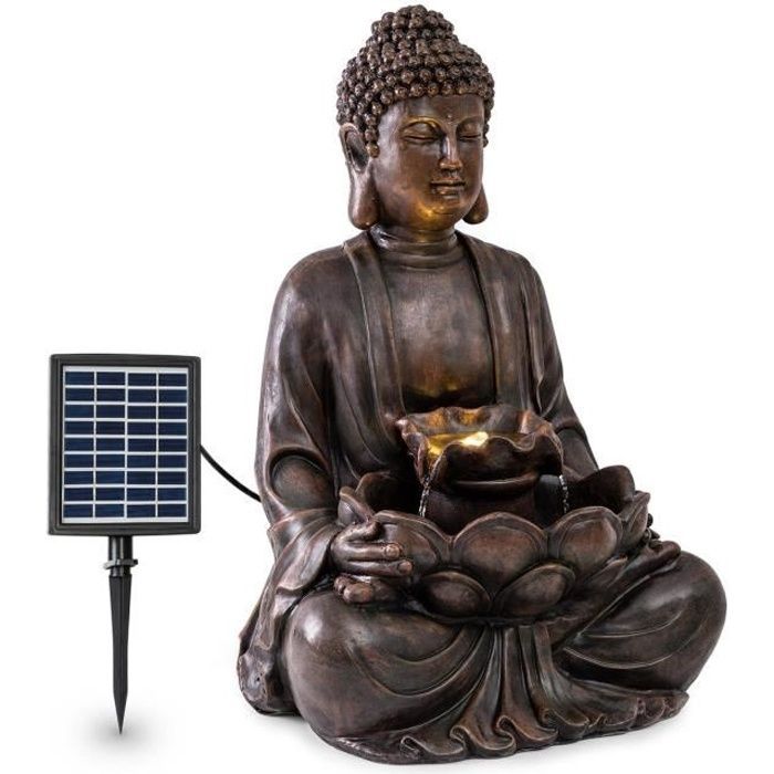 Gartenbrunnen – Blumfeldt Dharma – Skulpturenbrunnen/Statuenbrunnen – Solarbetrieben – LED-Beleuchtung – Bronze