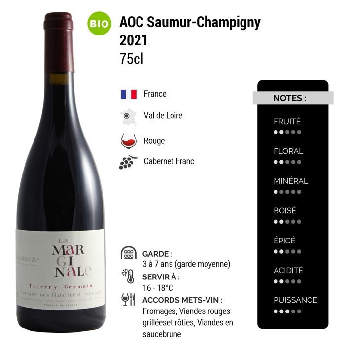 Domaine des Roches Neuves Saumur-Champigny La Marginale 2021 - Vino rosso della Valle della Loira (3x75cl) Biologico