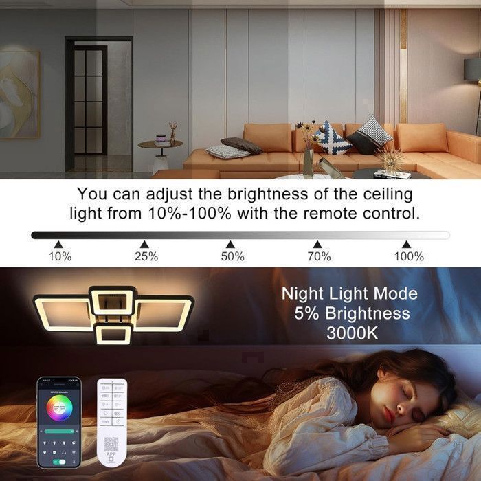 Luminária de teto LED Dorlink com 4 lâmpadas e 54 W, preta – Moderna e com intensidade ajustável, com controle remoto, ideal para quarto, sala de estar e sala de jantar.
