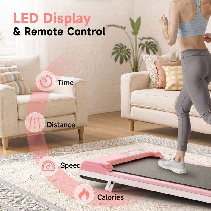 Tapis de course avec 8% d'inclinaison - 3 en 1 Tapis de marche bis 130KG - 1-8 km/h réglable - Surface 38.5 x 90 cm - Rose