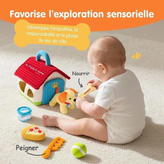 Juguete para bebés de 6 a 12 meses: Set de perro de peluche sensorial - Juguete Montessori para niños con sonajero, sonido crujiente y espejo.