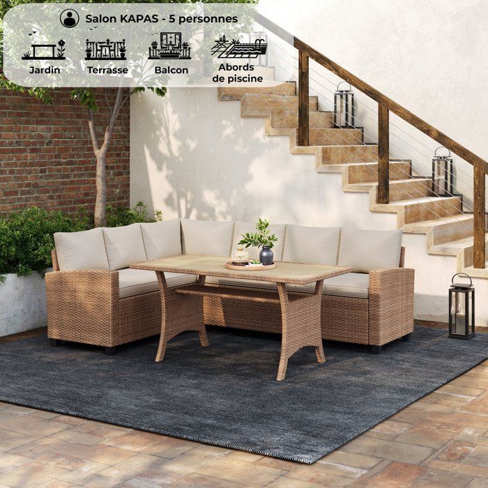 Garden furniture set - KAPAS - Steel frame and woven resin - Beige - 5 people