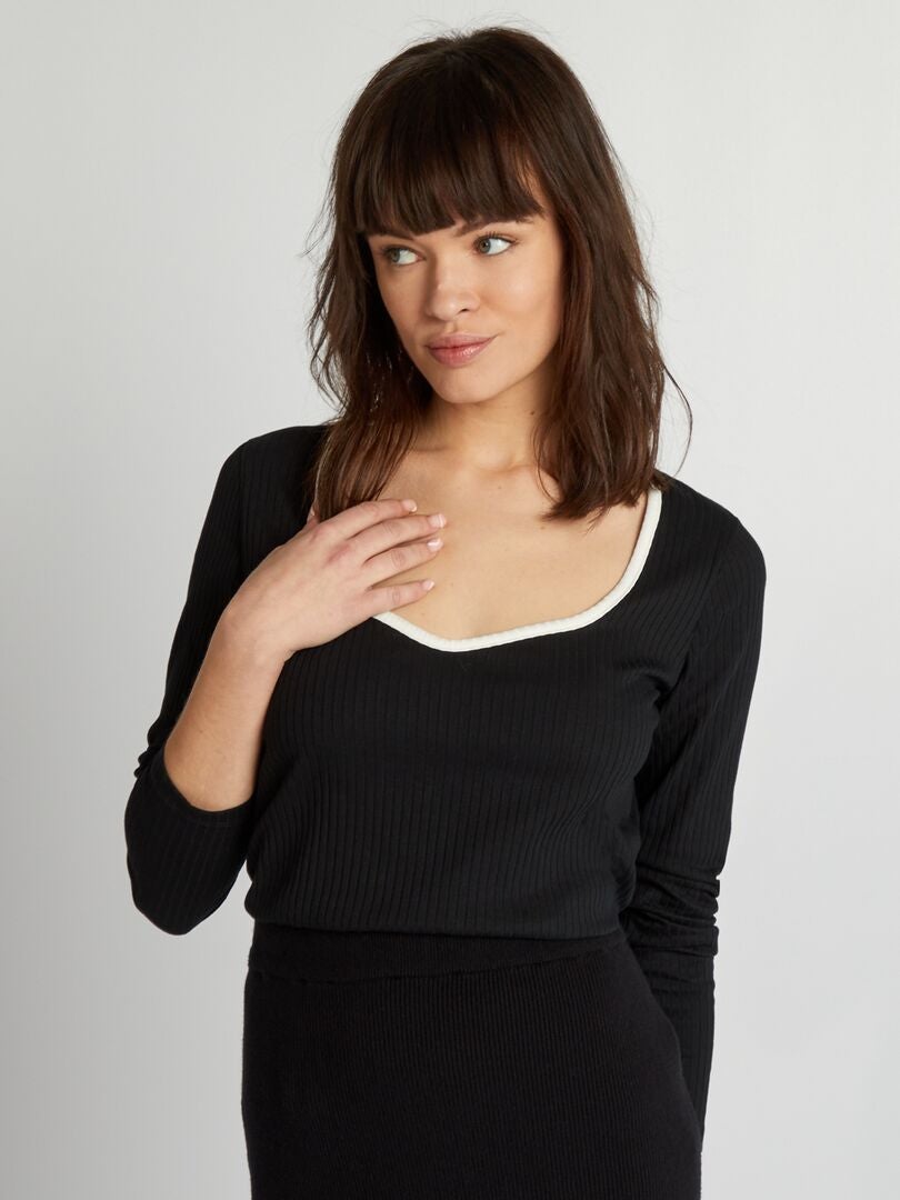 Camiseta de cuello ancho acanalada - Negra