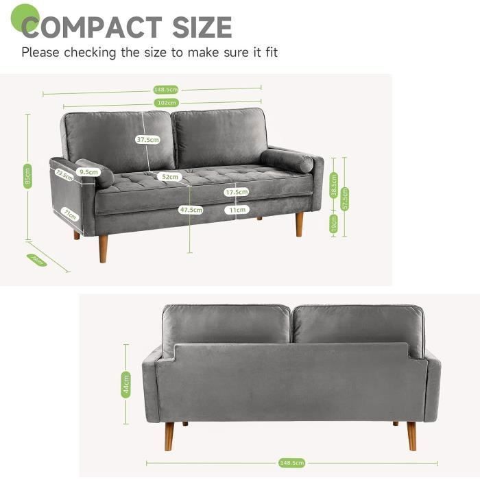 Sofá de veludo cinza de 2 lugares, estilo escandinavo, com 2 almofadas para sala de estar, poltrona estofada moderna de 148 x 78 x 85 cm
