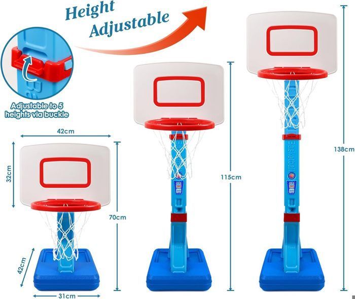 Cesta de basquete infantil para uso interno e externo, altura ajustável de 70 a 138 cm, portátil, ideal para crianças de 3 a 8 anos.