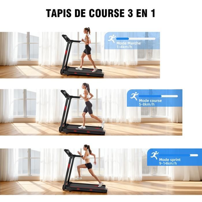 Tapis de course pliable - YEE RUN - 3.0HP - Vitesse max 14 km/h - Pente manuelle 12% - Bluetooth
