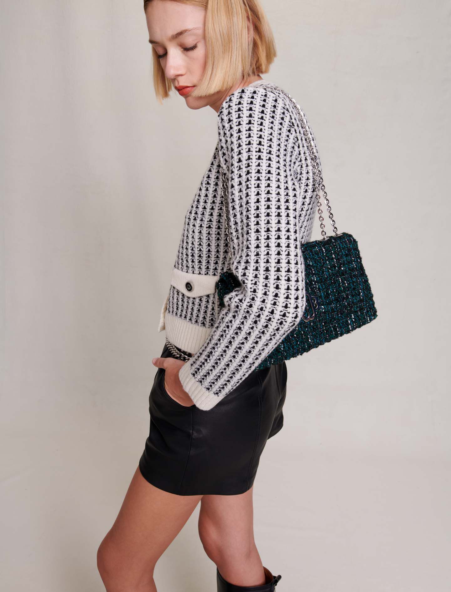 Cardigan tricotat - Negru / Ecru