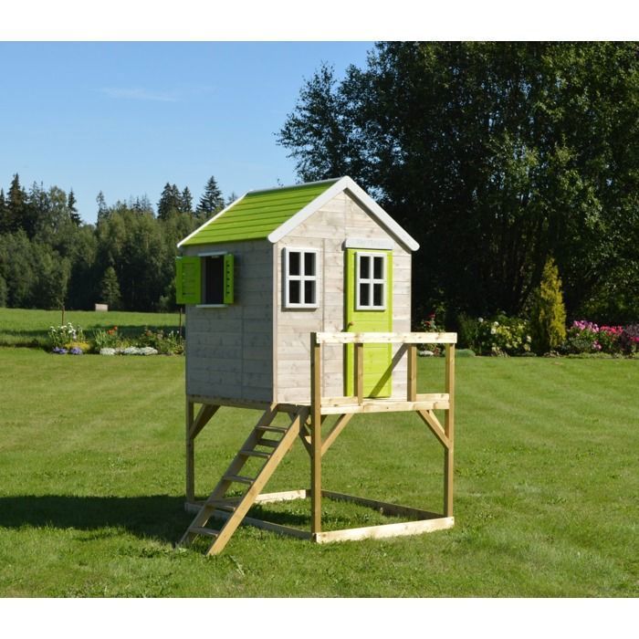 Casetta da gioco per bambini all'aperto KANGUI - Casetta in legno con piattaforma - Tetto impermeabile - Verde e bianco
