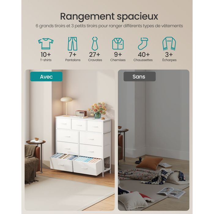 Commode 9 Tiroirs - Acier - Blanc Nuage et Blanc Neige - Polyvalente - Robuste - Montage Facile