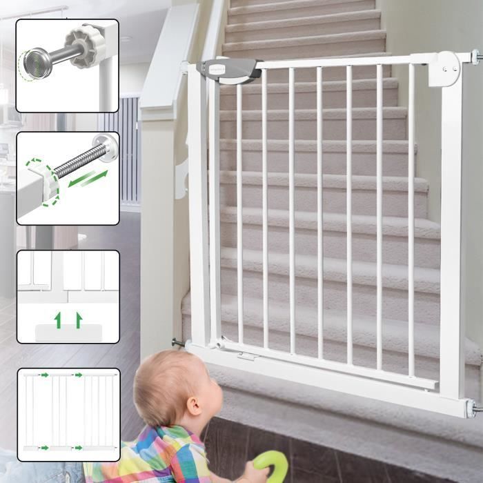 Aufun Barrière de sécurité porte et escalier, Fixation par pression, Pour espace de 75 -85 cm, pour animaux, Bébé et Enfant - Blanc