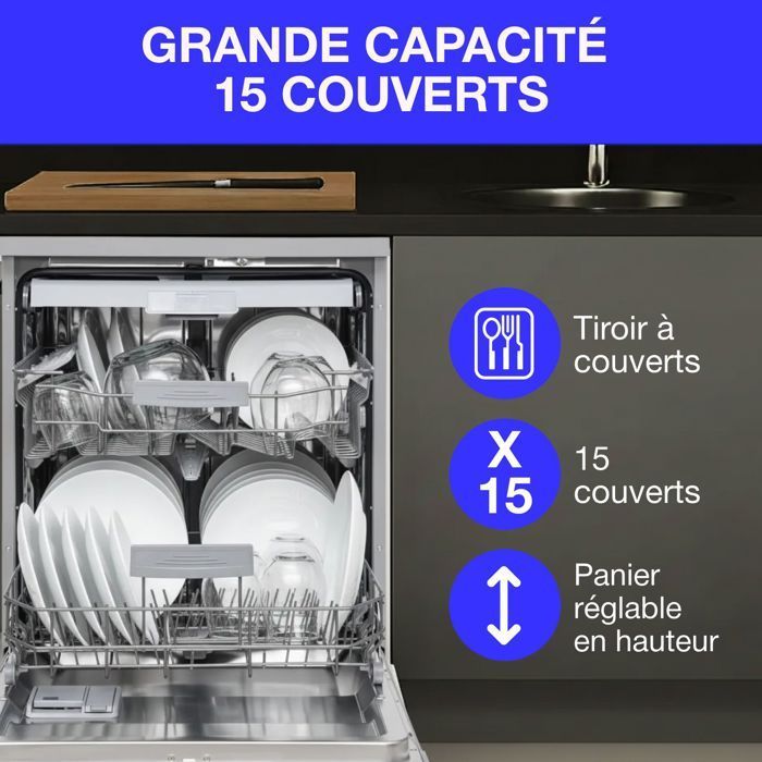 Lavastoviglie a libera installazione Continental Edison - 15 coperti - Larghezza 59,8 cm - Classe energetica D - Motore a induzione - 39 dB - Argento
