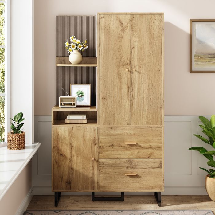 Set armadio da ingresso 110x38x186 cm - 3 ante e 2 cassetti - Armadio con asta appendiabiti - Panca porta scarpe - Naturale