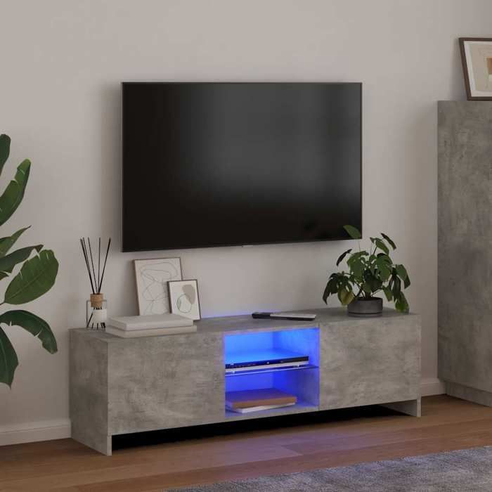 Mueble para TV vidaXL con iluminación LED, color gris hormigón, 120x30x36 cm, paneles de madera y cristal templado, soporta televisores de hasta 50