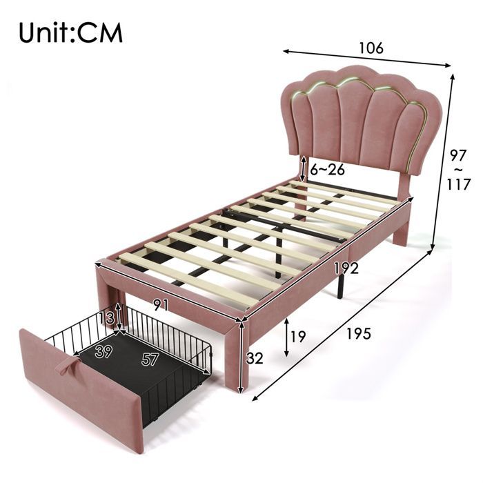 Cama infantil de 90x190 cm con cajón - Control por aplicación LED - Cabecero ajustable - Base de láminas - Terciopelo - Rosa