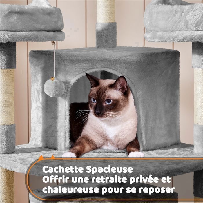 Arbre à chat 175 cm YAHEETECH en bois velours gris avec griffoirs sisal et 3 perchoirs