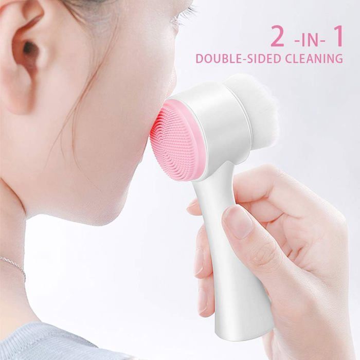 2-in-1 gezichtsreinigingsborstel met dubbele kop, zachte borstelharen en siliconen (blauw, roze)