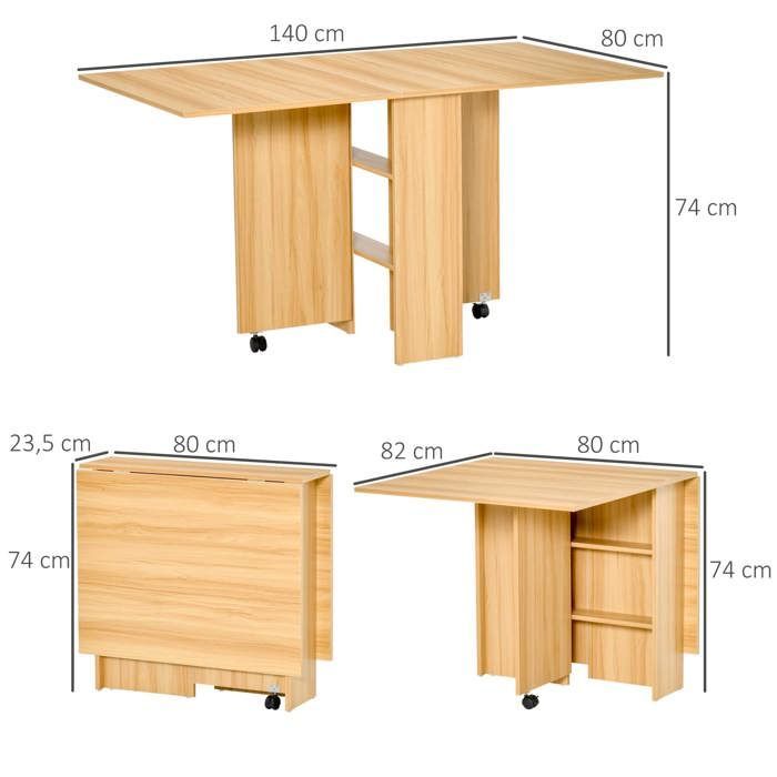 Mesa plegable - HOMCOM - cocina/comedor, desmontable con ruedas, 2 estantes de madera - madera - 80x140x74cm - natural