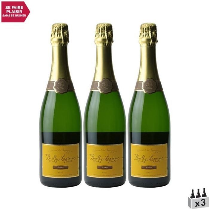 Crémant de Bourgogne Brut Réserve Blanc - Lot de 3x75cl - Les Caves Bailly Lapierre - Vin effervescent AOC Blanc de Bourgogne