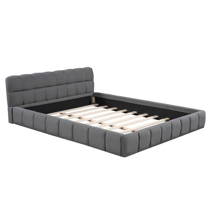 Cama de 140 x 190 cm con cabecero y somier de láminas, cama doble, cama tapizada a ras de suelo, estructura de cama de 140 x 190 cm con somier de láminas, lino, gris