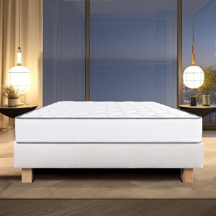IZAC - Set: 20 cm dik schuimmatras + beige gestoffeerde bedbodem 160x200 cm