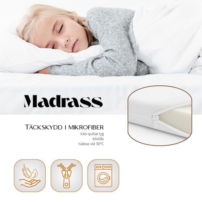 Cama infantil blanca LUK con barandilla y estampado de estrellas.