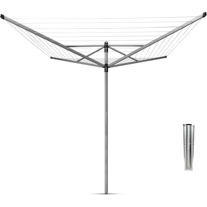Tendedero automático giratorio BRABANTIA 310942 Lift-O-Matic, de altura regulable - 50 metros - Anclaje metálico - Ø 45 mm - 4 brazos - Gris metalizado