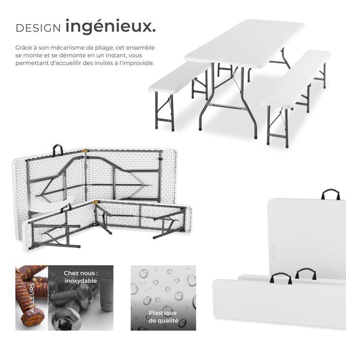 Mesa de camping con bancos - TECTAKE - Conjunto de comedor PANJA: 1 mesa, 2 bancos, compacto y plegable con asas de transporte - Blanco